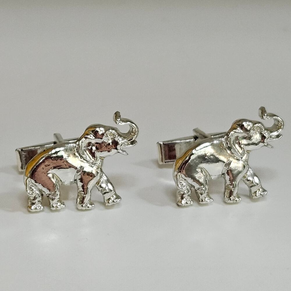 Vintage MCM Silver Tone Elephant Cufflinks | 3D Raised Trunk Novelty Cuff Links